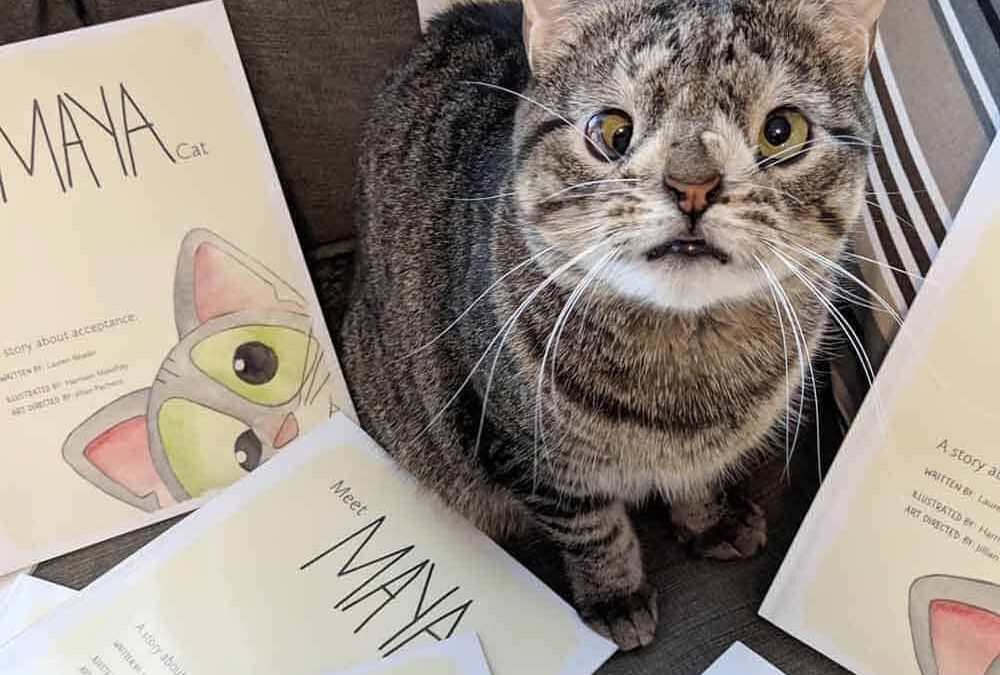 Una gata con un trastorno genético (su cuerpo es igual a cualquier gato, pero su cara cambia un poco, especialmente sus ojos) mira a la cámara y está rodeada de los libros que escribió su dueña.