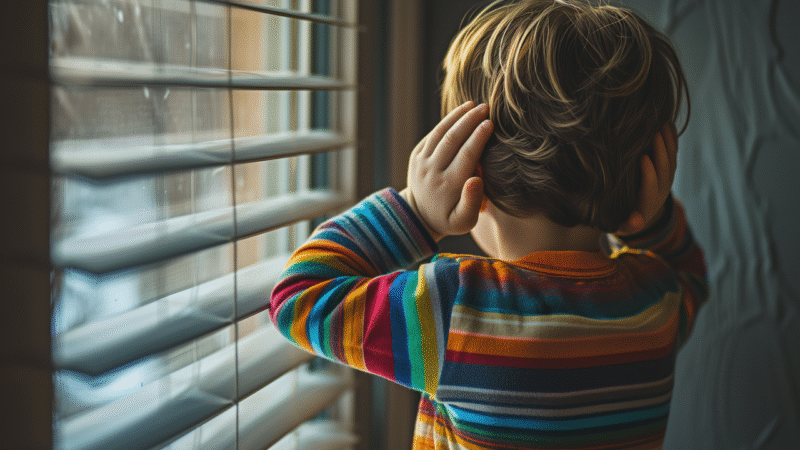 niño de espalda tapándose los oídos