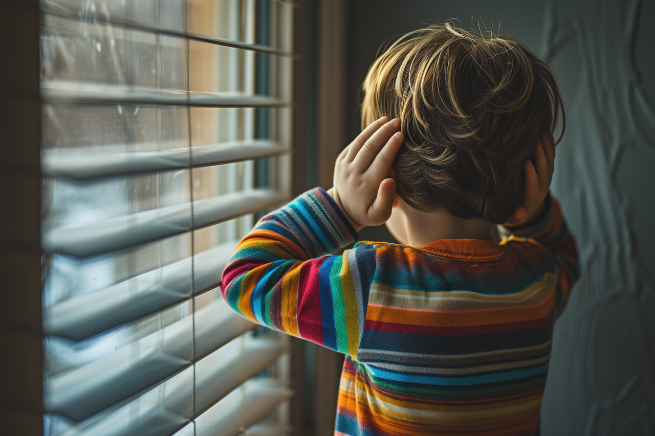 niño de espalda tapándose los oídos