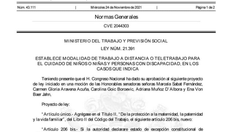 Ya es ley: establecen teletrabajo para cuidadoras de Personas en situación de discapacidad o menores de 12 años en caso de alerta sanitaria