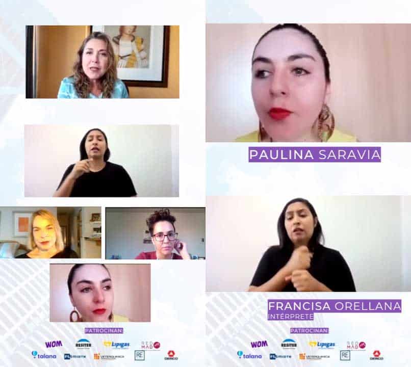 Pantallazo de un webinar donde aparecen 5 mujeres, 1 de ellas es moderadora, otra es intérprete de lengua de señas y las otras 3 son las invitadas a conversar. Abajo salen logos de las diferentes organizaciones que patrocinaron el evento.