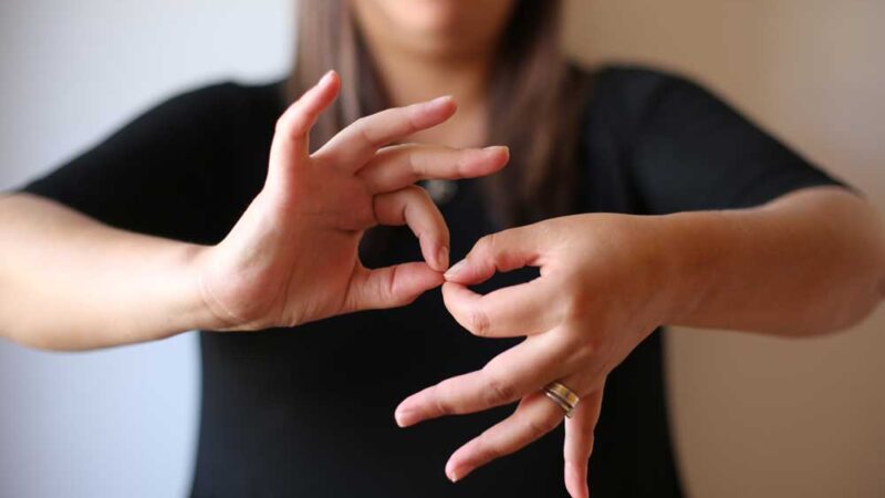 Foto de una intérprete de lengua de señas, y se ve en primer plano sus manos que hacen la seña de interpretación.