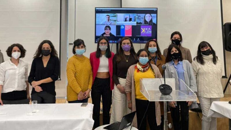 Foto de un grupo de aproximadamente 10 mujeres sonriendo y mirando a la cámara. Están en una sala de reuniones del ministerio de la mujer.