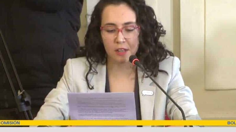 foto donde aparece una mujer autista vestida con chaqueta y sentada en una sala del senado hablando a través del micrófono mientras lee su discurso.