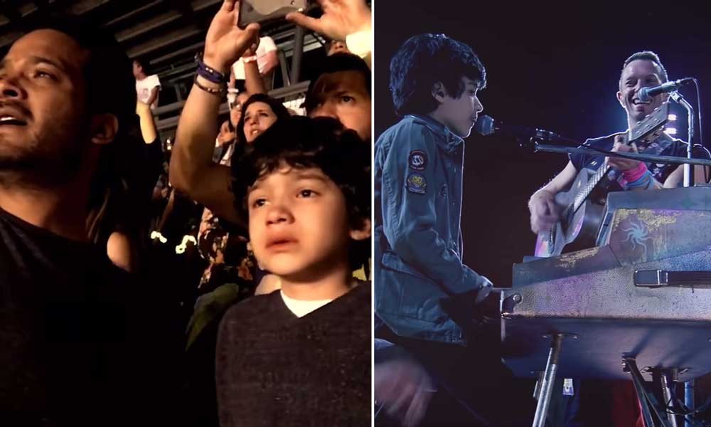 Imagen que se divide en dos. En la primera mitad aparece la foto de un niño autista junto a su padre entre medio del público durante un concierto de Coldplay. Ambos están muy emocionados. En la otra mitad de la imagen, aparece una foto de el mismo niño pero 6 años después tocando piano y cantando sobre el escenario junto a Cris Martin vocalista de Coldplay.