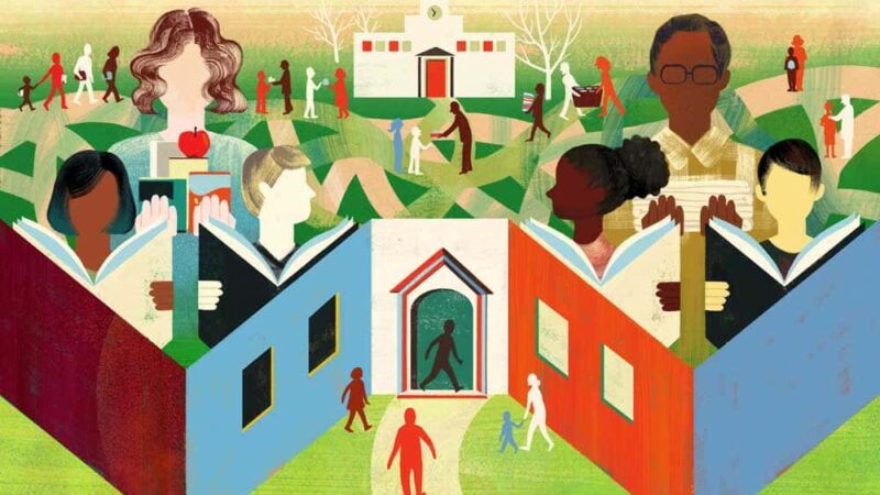 Ilustración donde aparecen diferentes niños y niñas leyendo libros, y alrededor hay gente compartiendo, y haciendose compañía dando a entender una idea de que la escuela puede ser una gran comunidad.