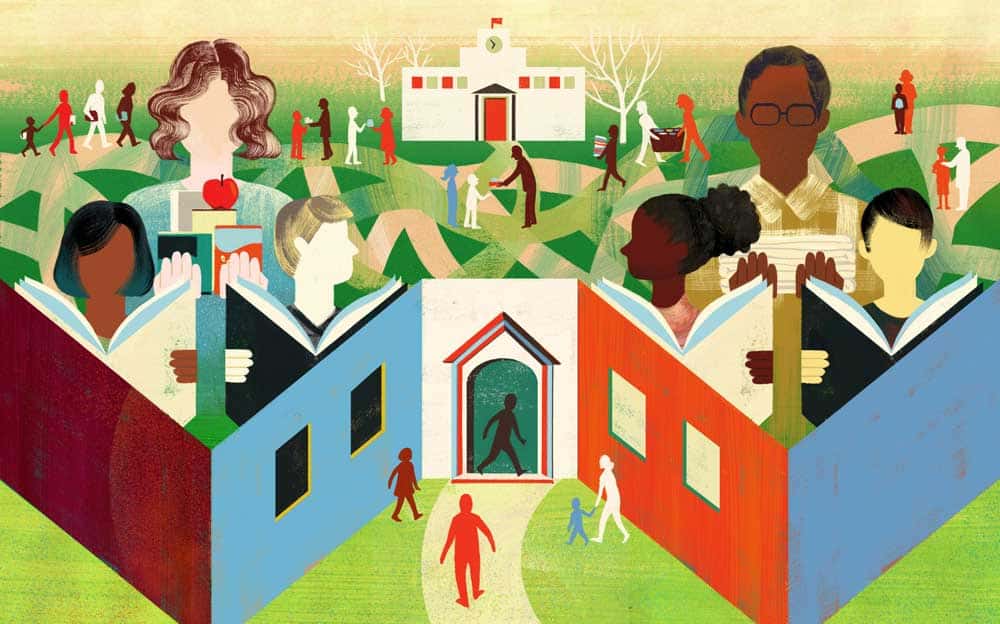 Ilustración donde aparecen diferentes niños y niñas leyendo libros, y alrededor hay gente compartiendo, y haciendose compañía dando a entender una idea de que la escuela puede ser una gran comunidad.