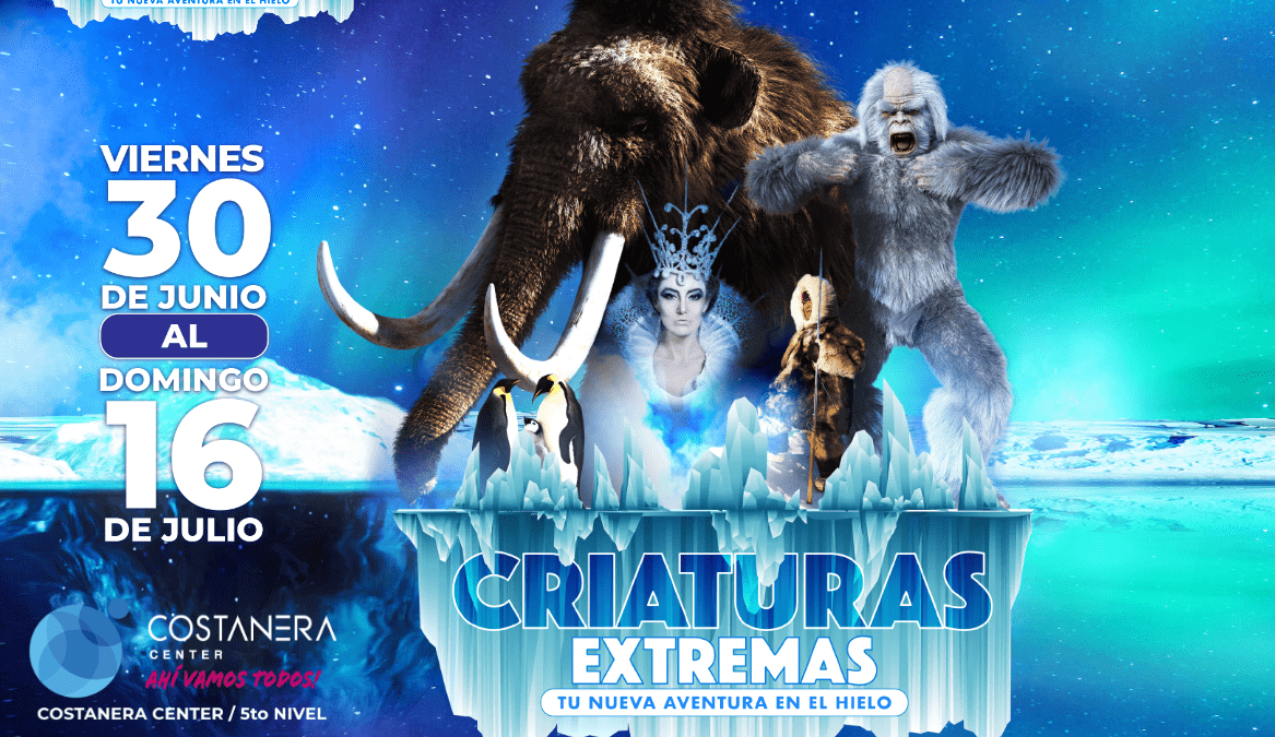 Afiche con la imagen de diversas criaturas de la era del hielo como un mamut, el yeti, pinguinos, hadas, y abajo dice "Criaturas extremas"