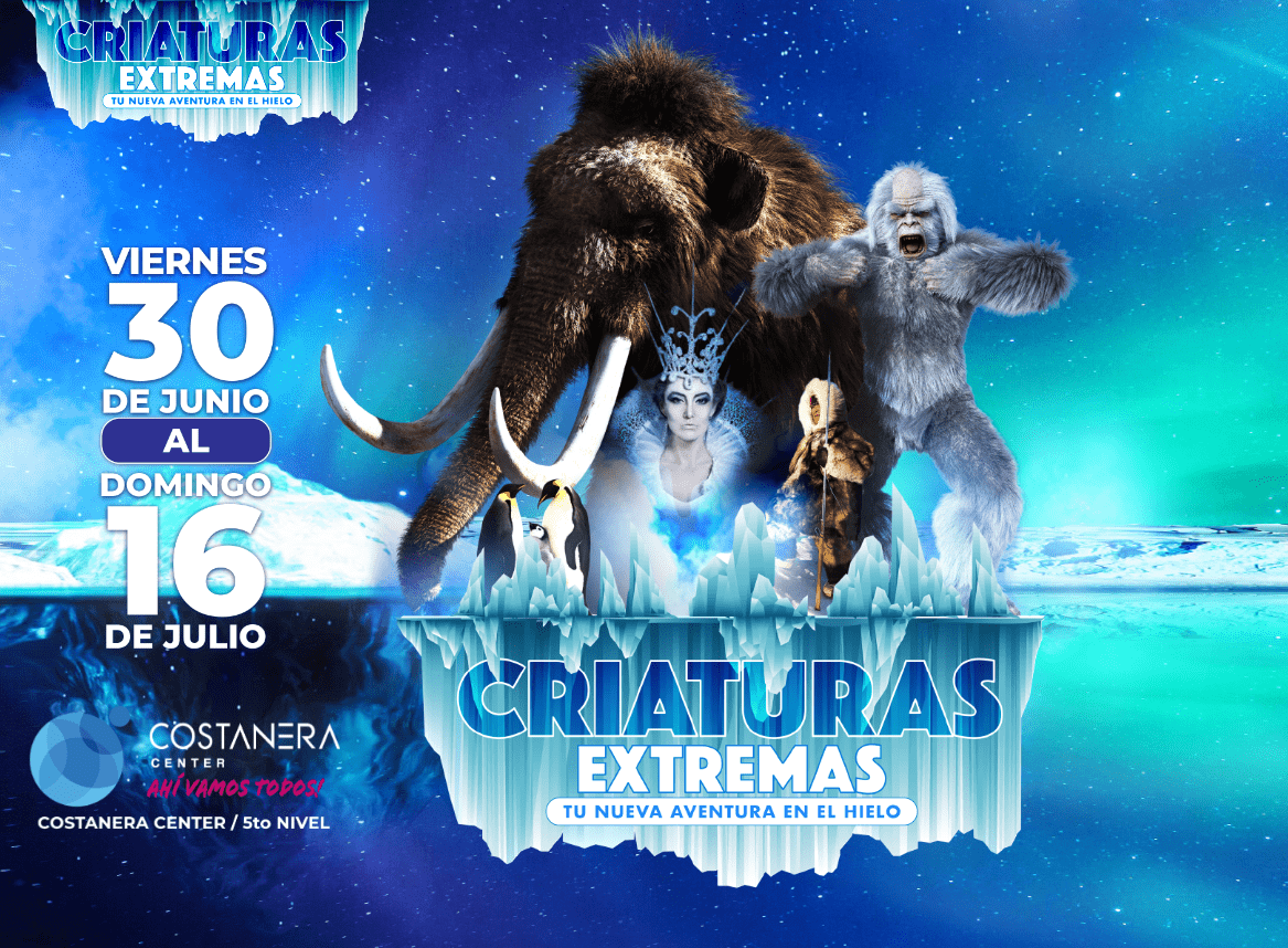 Afiche con la imagen de diversas criaturas de la era del hielo como un mamut, el yeti, pinguinos, hadas, y abajo dice "Criaturas extremas"