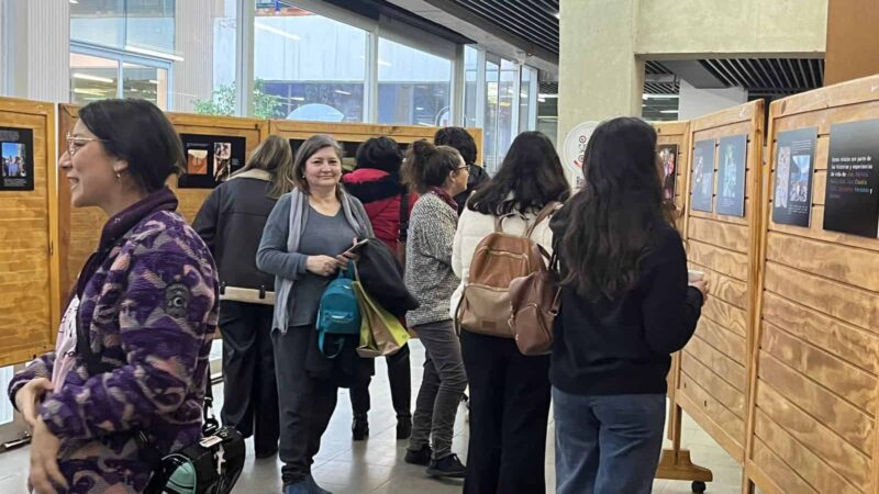 Dentro de un salón, hay un grupo de personas observando detenidamente unas fotos que se exponen en las paredes del lugar.