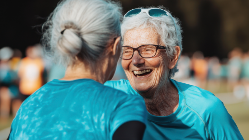 Dos mujeres adultas mayores, una de espalda y otra de frente sonriendo
