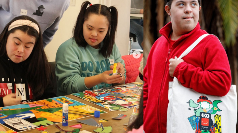 Dosjpovenes sindrome de down creando un collage y otro posando con una tote bag