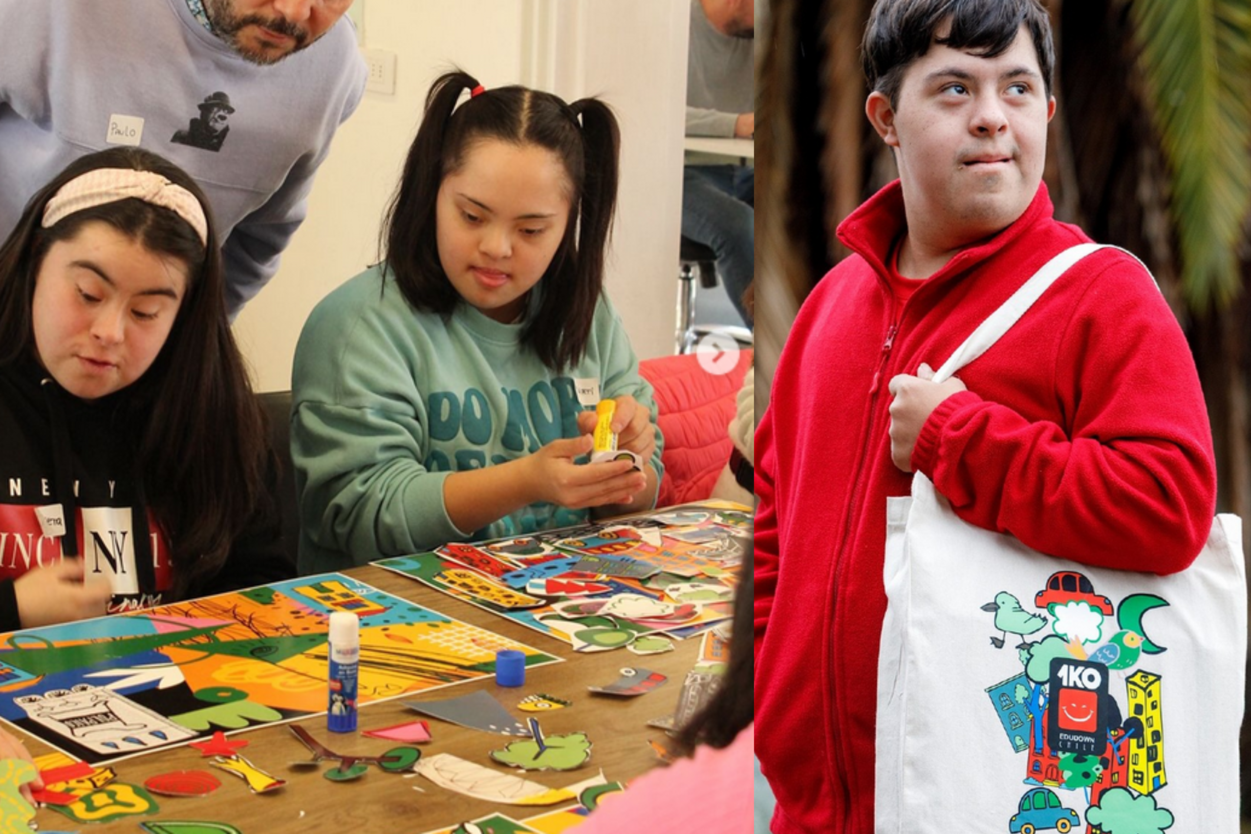 Dosjpovenes sindrome de down creando un collage y otro posando con una tote bag