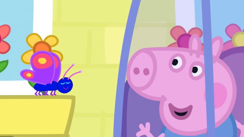 George de Peppa Pig mirando una mariposa por la ventana de un auto