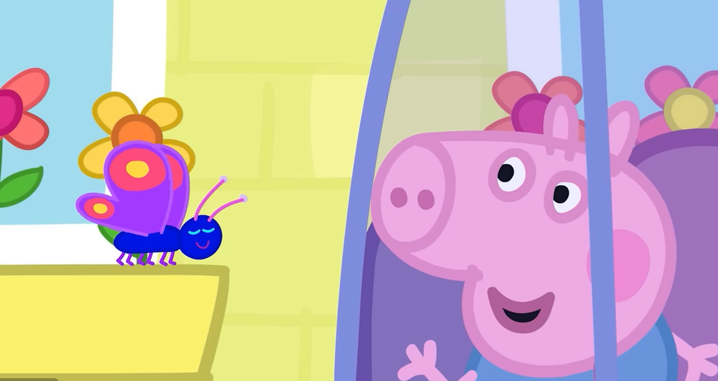 George de Peppa Pig mirando una mariposa por la ventana de un auto