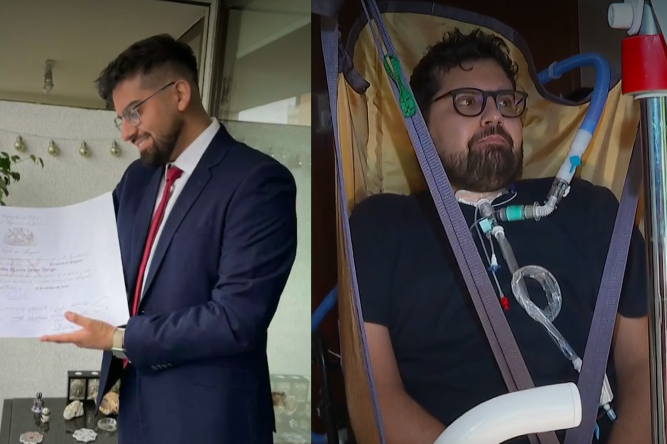 Izquierda hombre posando un un diplomado, en el lado derecho un hombre tetrapléjico en su silla