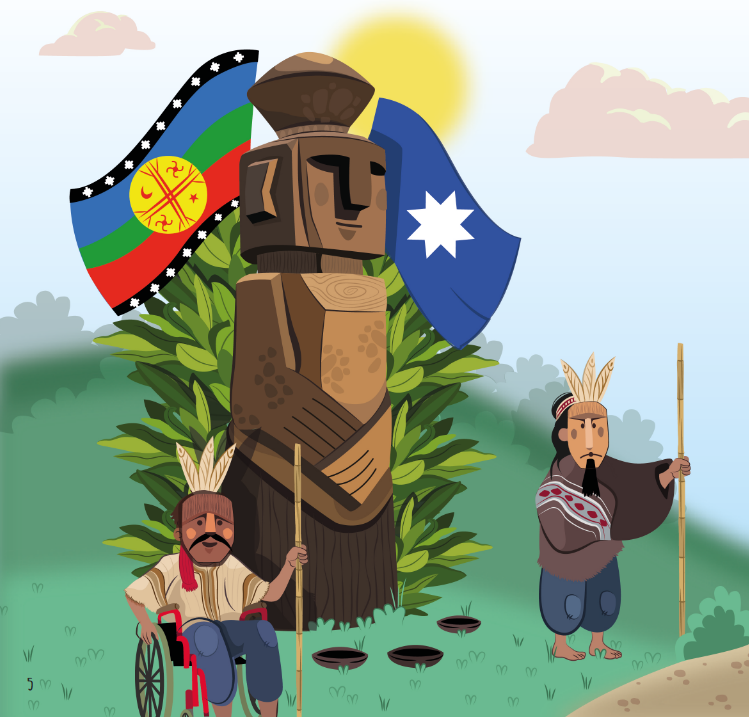 Ilustración de un rew, las banderas del pueblo mapuche, un niño mapuche en silla de ruedas y un lonko