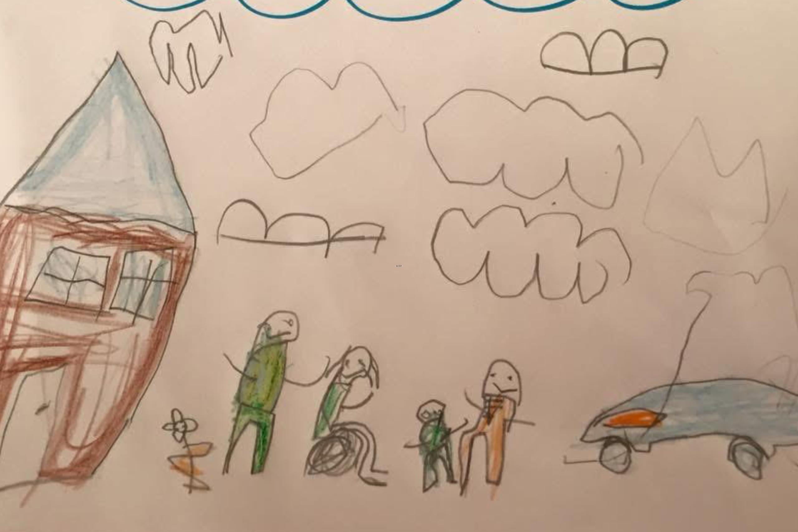 Dibujo infantil de una familia y una madre en silla de ruedad