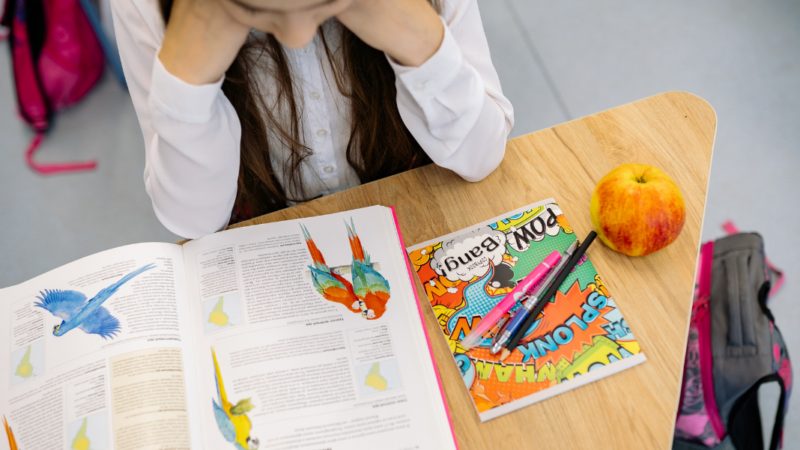 Niña mirando una mesa donde hay un libro, lápices, una manzana y lápices