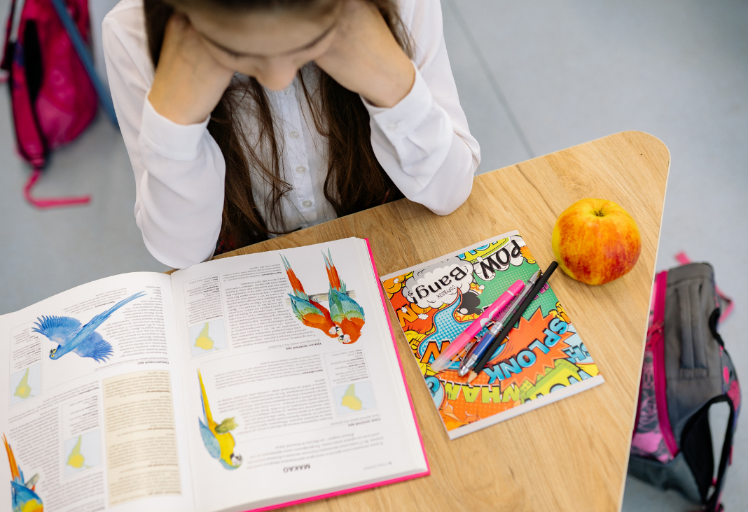 Niña mirando una mesa donde hay un libro, lápices, una manzana y lápices
