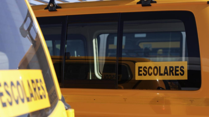 Fotografía furgón escolar amarillo junto con el letrero "escolares"