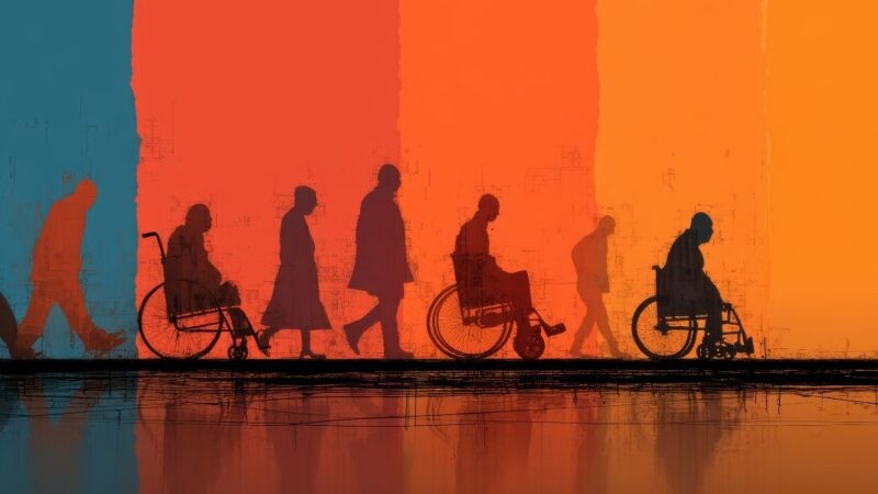7 sombras de personas, algunas caminando en otras en silla de ruedas con fondo de color naranja, rojo y azul