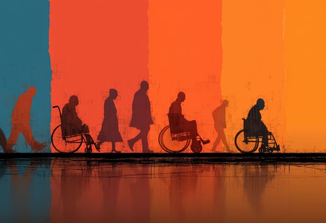 7 sombras de personas, algunas caminando en otras en silla de ruedas con fondo de color naranja, rojo y azul