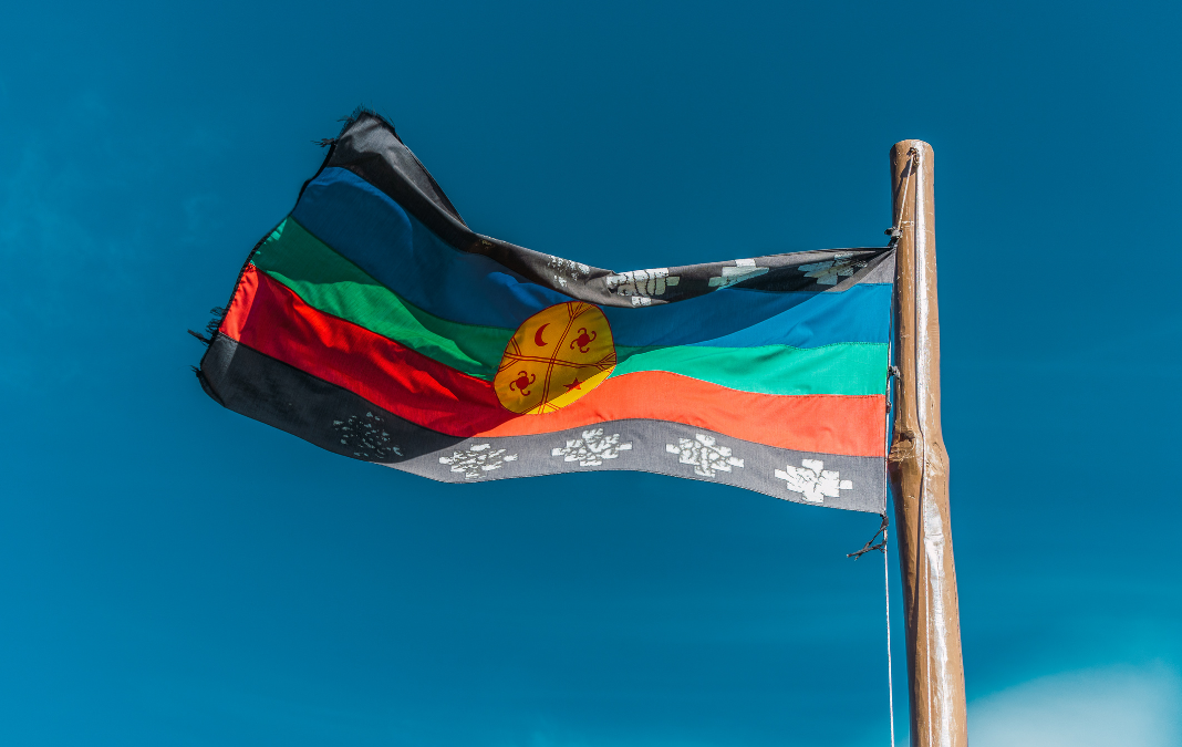 Bandera mapuche flameando al viento