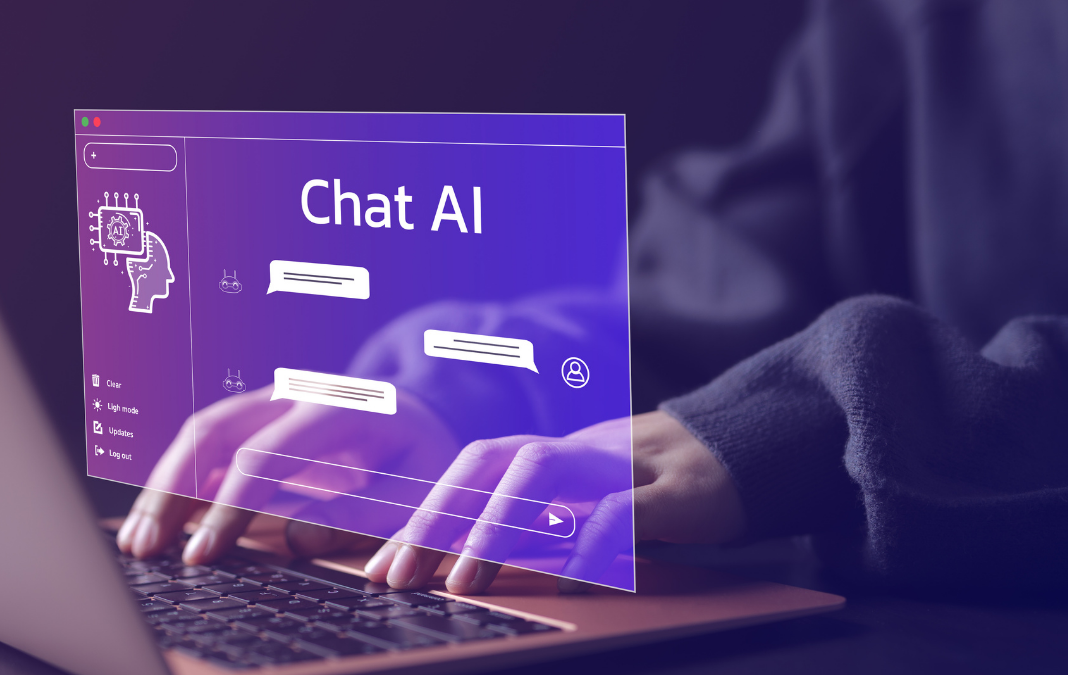 Imagen de manos sobre un teclado y un holograma que dice"Chat AI"