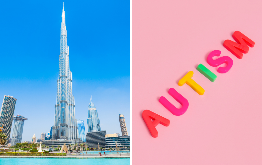 Foto dividida en dos: al lado izquierdo una imagen de Dubai y al derecho letras en colores que dice autism