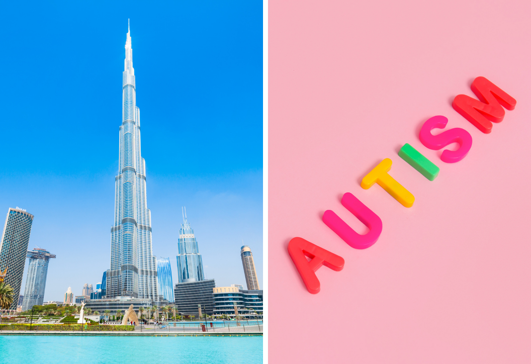 Foto dividida en dos: al lado izquierdo una imagen de Dubai y al derecho letras en colores que dice autism