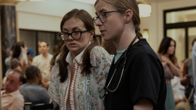 Dos mujeres con anteojos de perfil, una de ellas médico. Pantallazo serie The Pitt