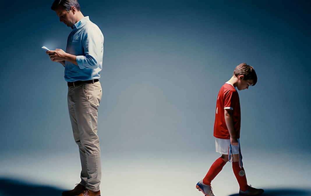 Un hombre mirando a la izquierda con un celular n la mano y de espalda a él un niño con uniforme de fútbol mirando el suelo