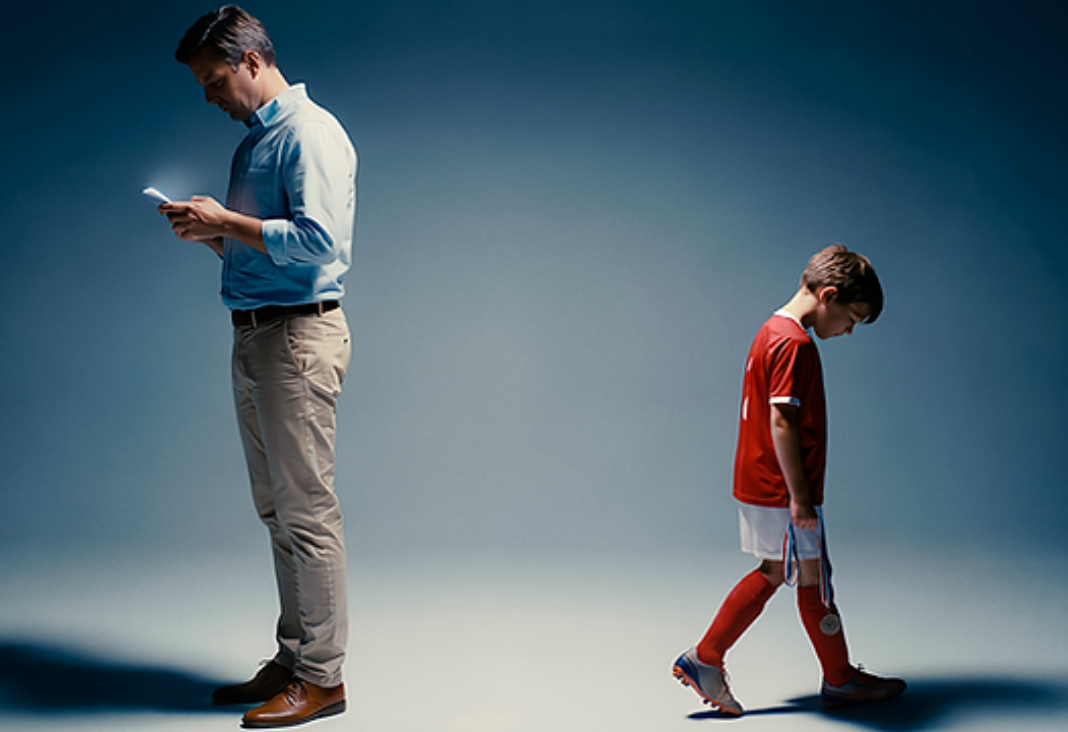 Un hombre mirando a la izquierda con un celular n la mano y de espalda a él un niño con uniforme de fútbol mirando el suelo