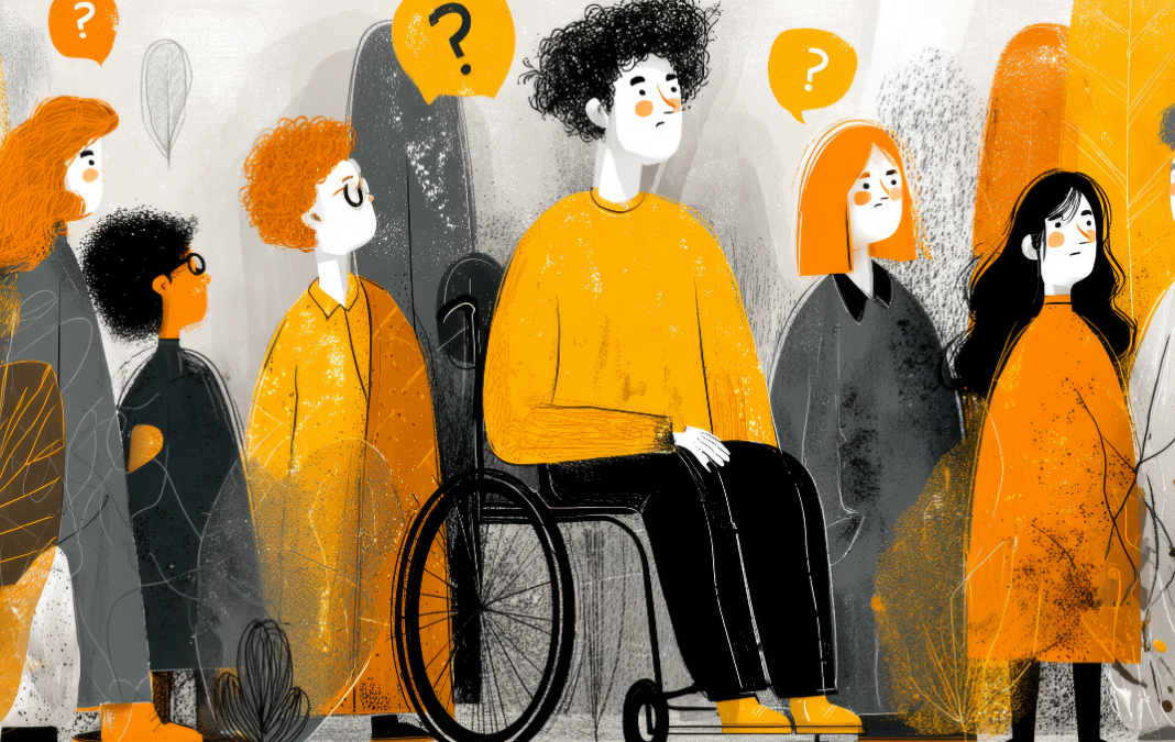 Ilustración de una persona en silla de ruedas rodeadas de otras personas
