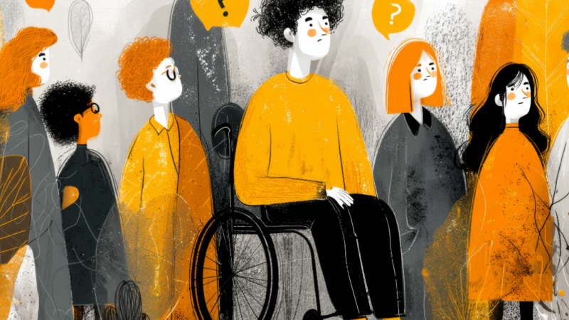 Ilustración de una persona en silla de ruedas rodeadas de otras personas