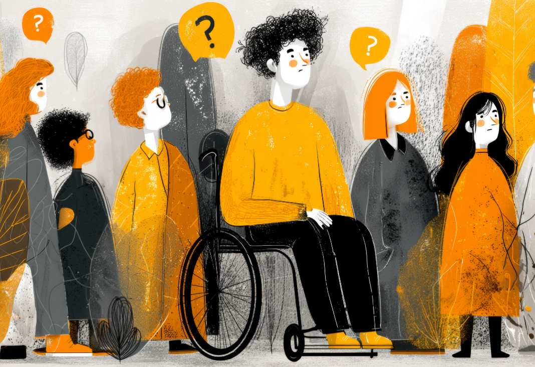 Ilustración de una persona en silla de ruedas rodeadas de otras personas