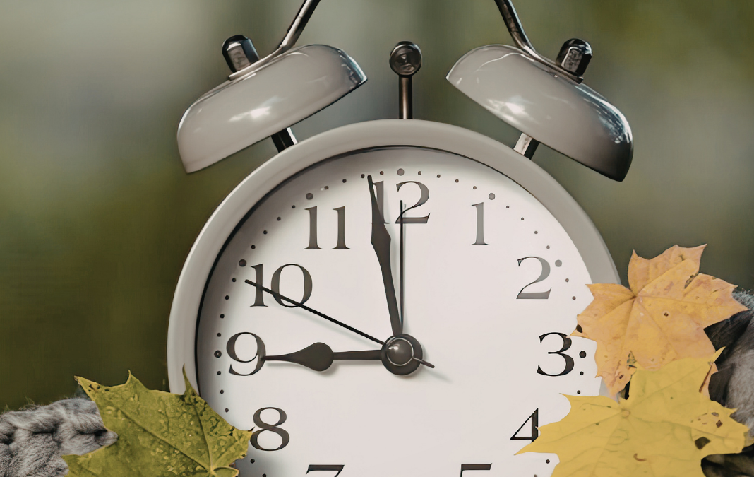 Fotografía de reloj con dos hojas de otoño