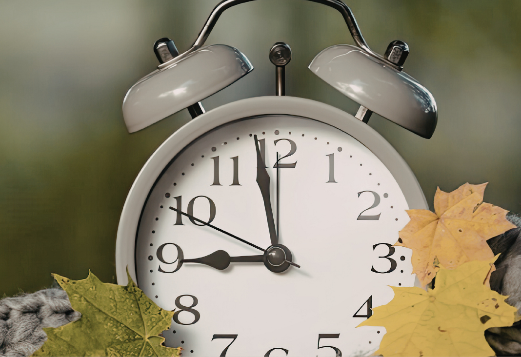 Fotografía de reloj con dos hojas de otoño