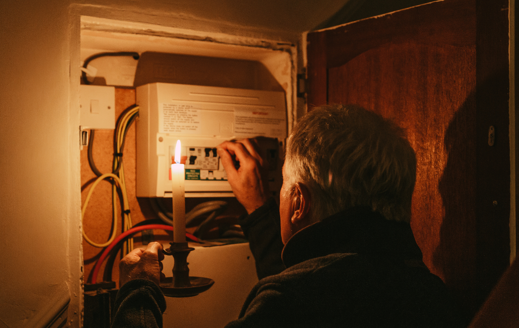 Foto de adulto mayor revisando un panel de luz y con una vela en la mano