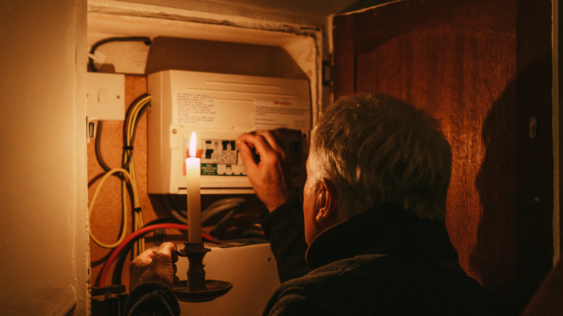 Foto de adulto mayor revisando un panel de luz y con una vela en la mano