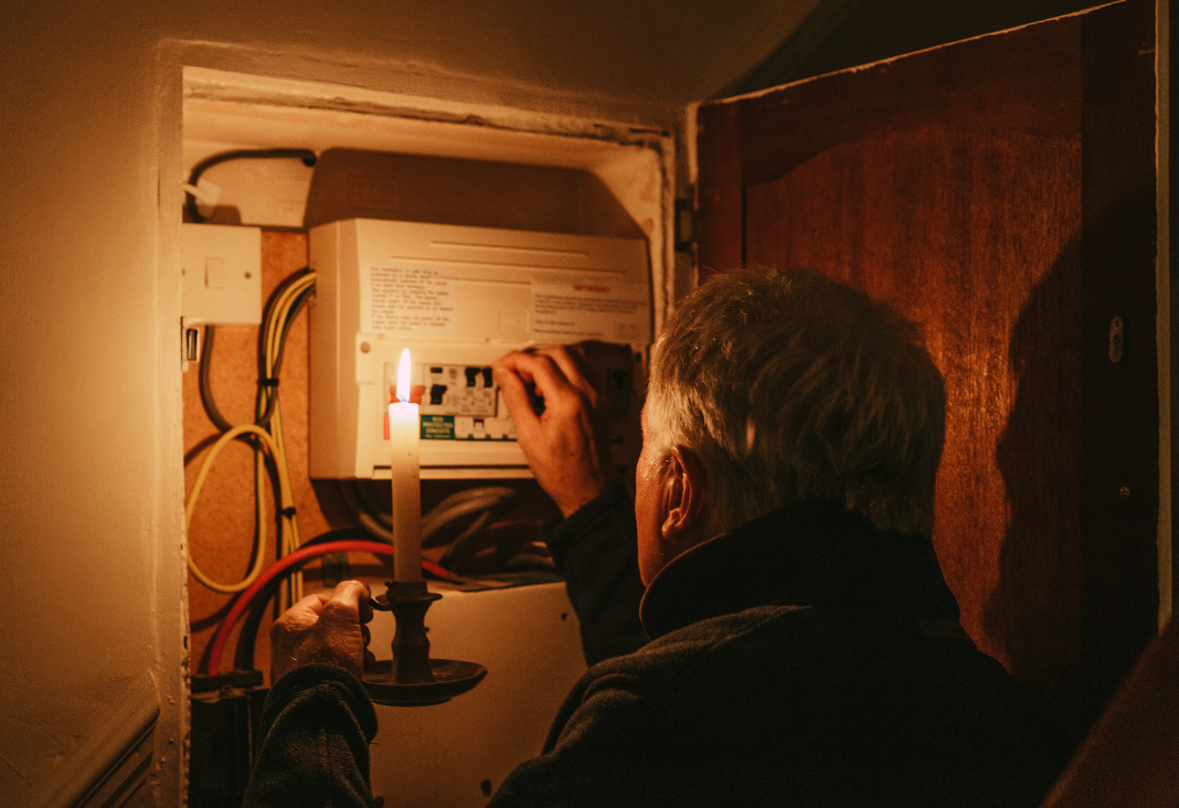 Foto de adulto mayor revisando un panel de luz y con una vela en la mano
