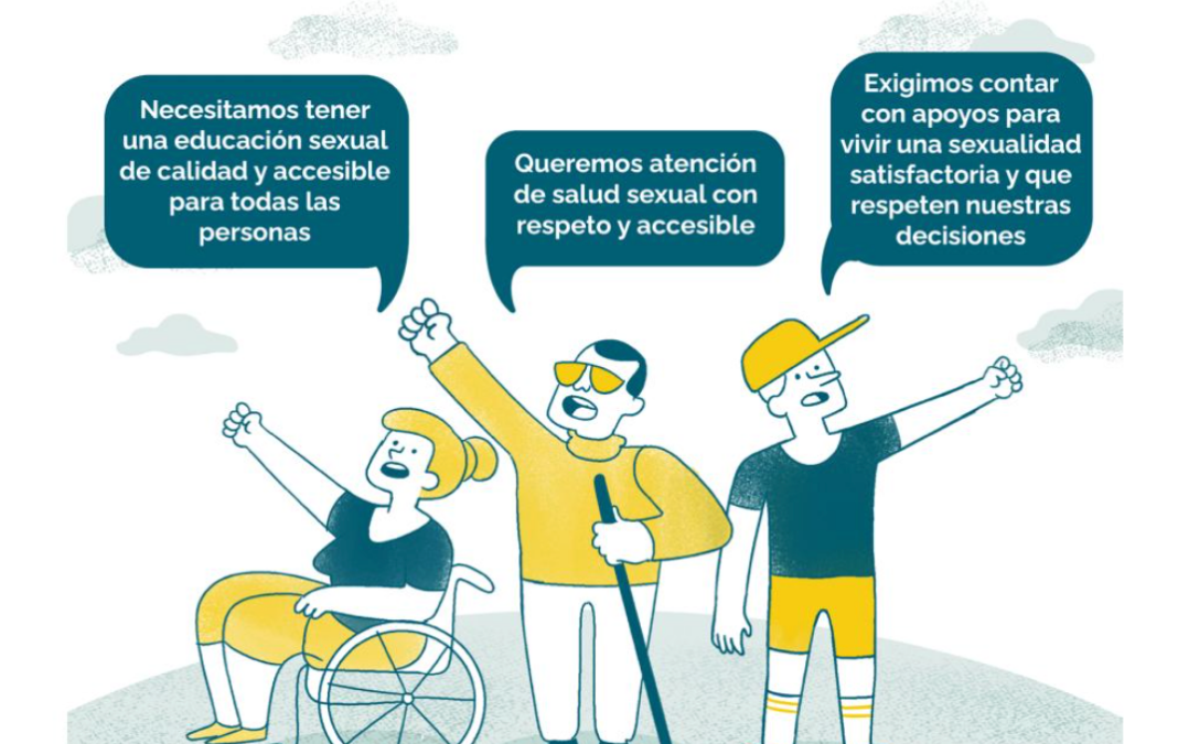 Ilustración de 3 personas con discapacidad exigiendo educación sexual y afectiva integral
