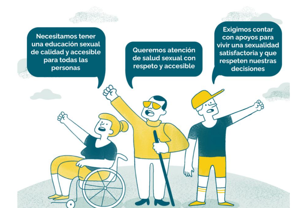 Ilustración de 3 personas con discapacidad exigiendo educación sexual y afectiva integral
