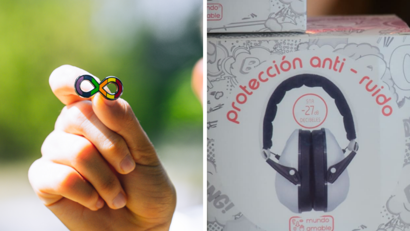 Imagen de una mano sujetando un pin del infinito de la neurodivergencia y otra de una caja de protectores auditivos