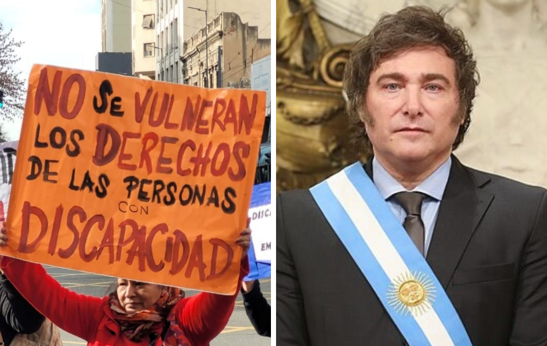 Imagen de una personas con un cartel que dice "No se vulneran los derechos de las personas con discapacidad" y al lado una imagen de Javier Milei