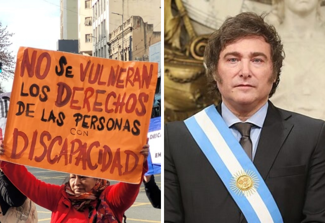 Imagen de una personas con un cartel que dice "No se vulneran los derechos de las personas con discapacidad" y al lado una imagen de Javier Milei