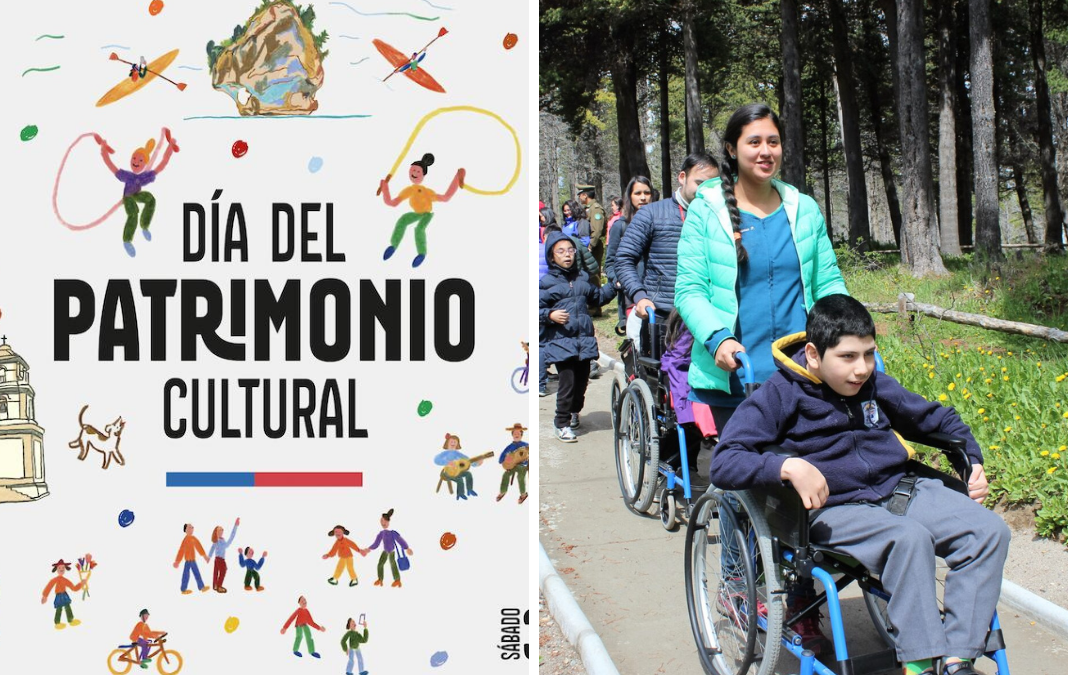 Afiche Día del Patrimonio 2026 y al lado una imagen de un niño en silla de ruedas junto a una mujer paseando en un parque