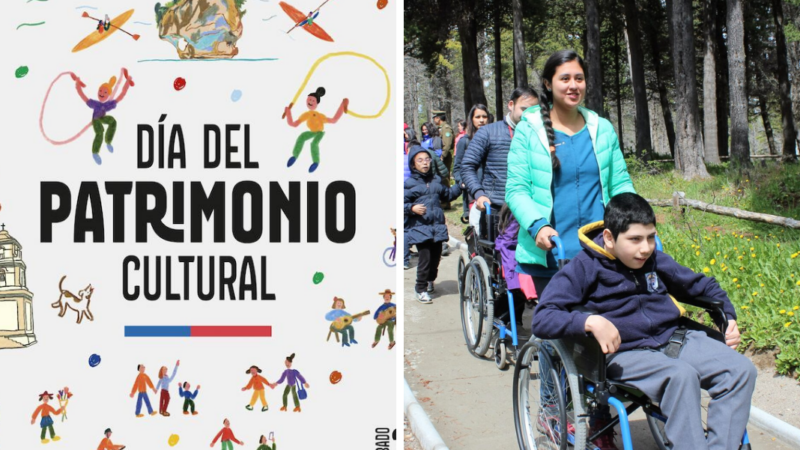 Afiche Día del Patrimonio 2026 y al lado una imagen de un niño en silla de ruedas junto a una mujer paseando en un parque