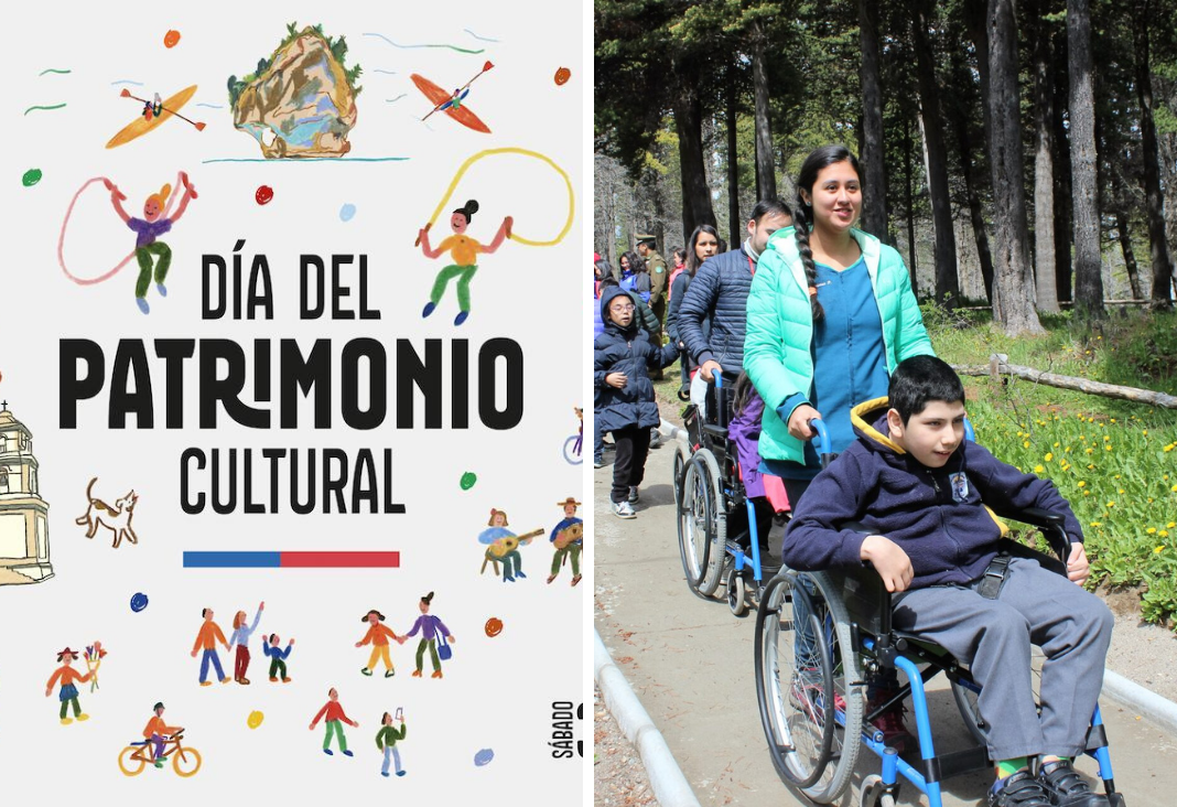 Afiche Día del Patrimonio 2026 y al lado una imagen de un niño en silla de ruedas junto a una mujer paseando en un parque